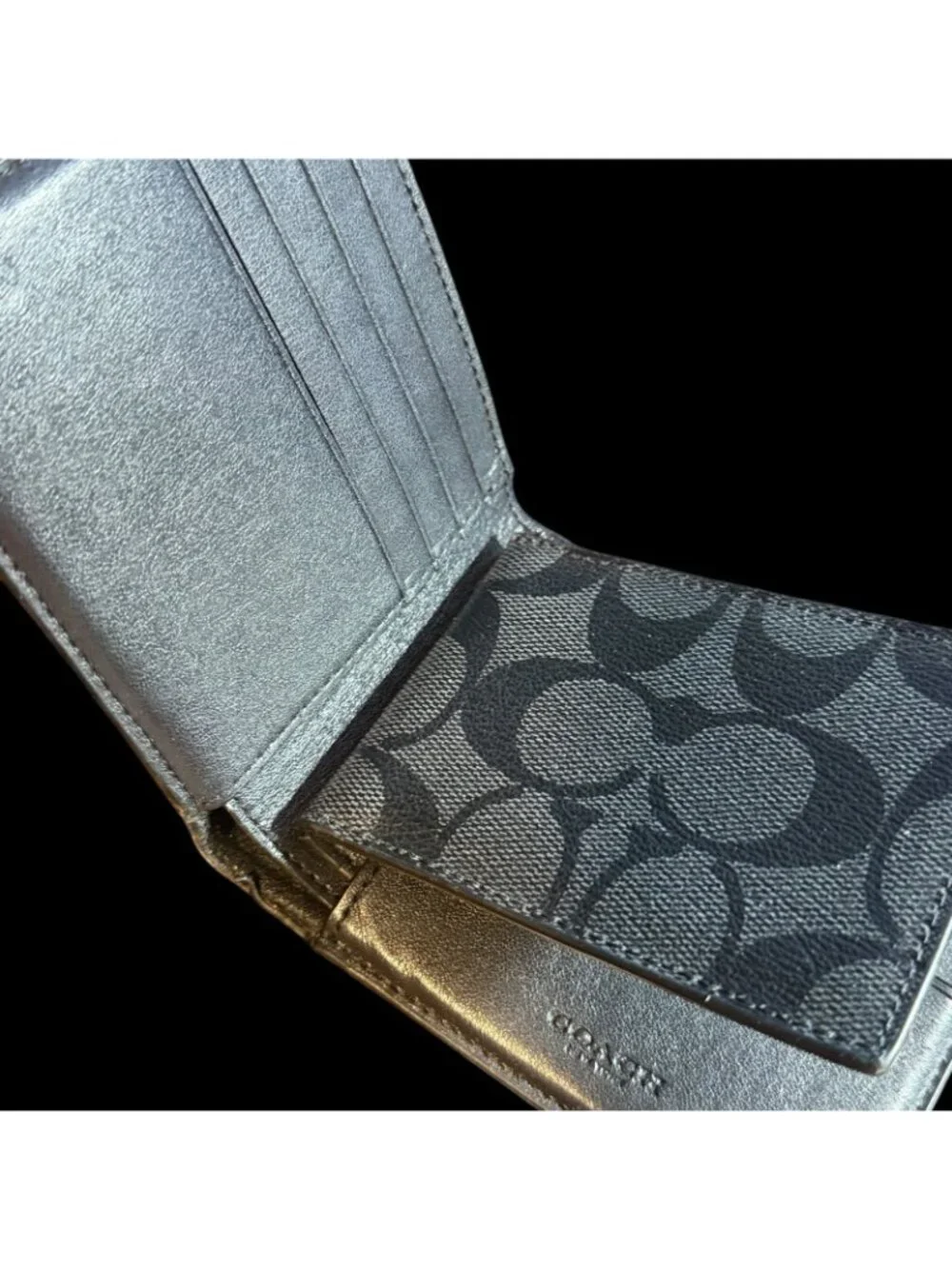 Coach Bifold Wallet Signature Canvas Black Embossed Logo Card Slots ID Window